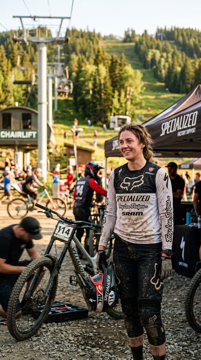 Downhill racer in the pit area between runs